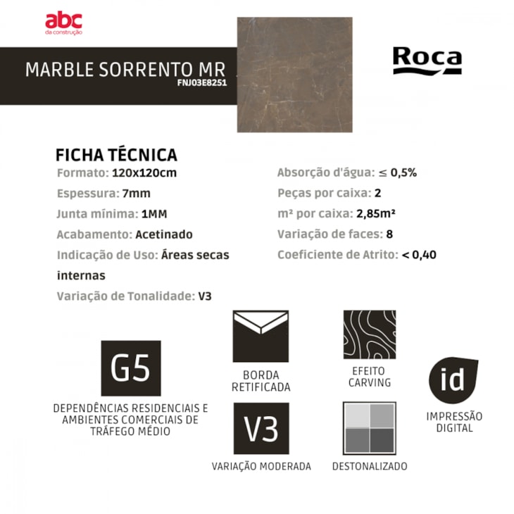 Porcelanato Marble Sorrento Mate 120x120 cm - Roca