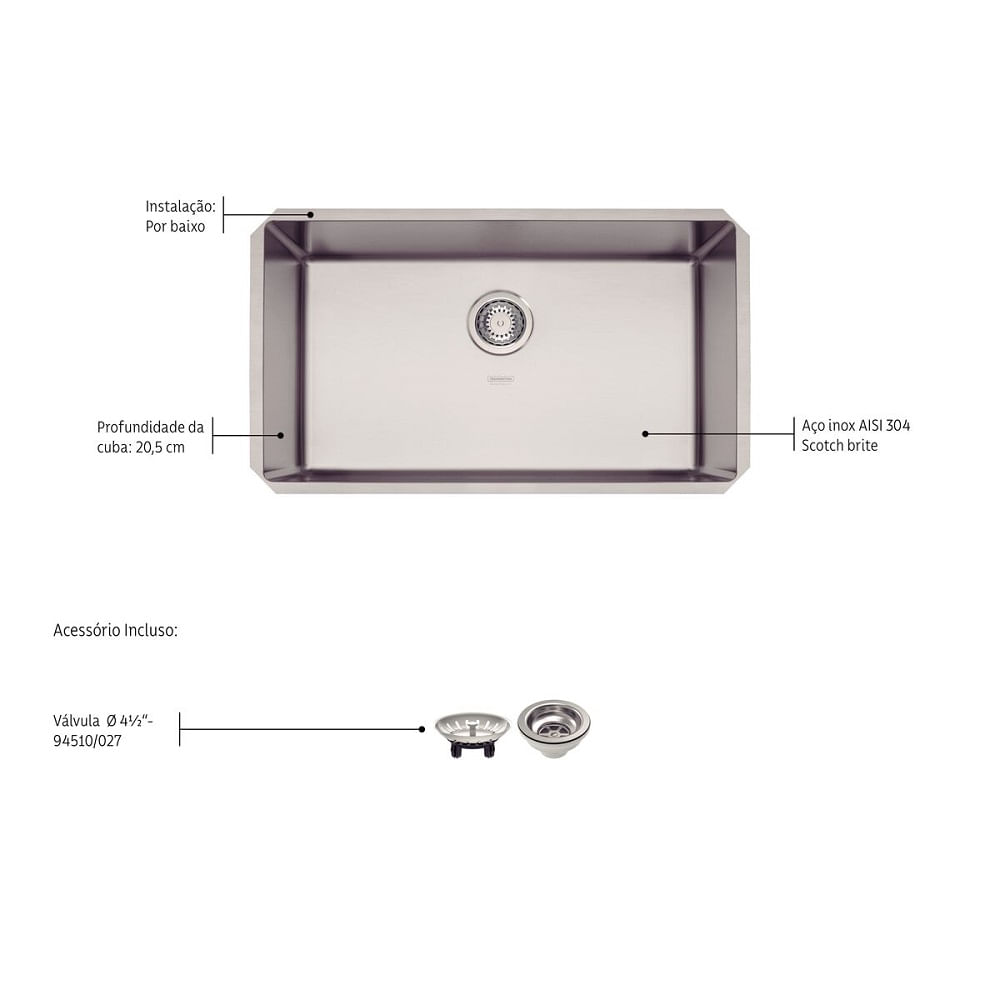 Cuba de Embutir Quadrum Undermount em Aço Inox Acetinado 70x40 - Tramontina