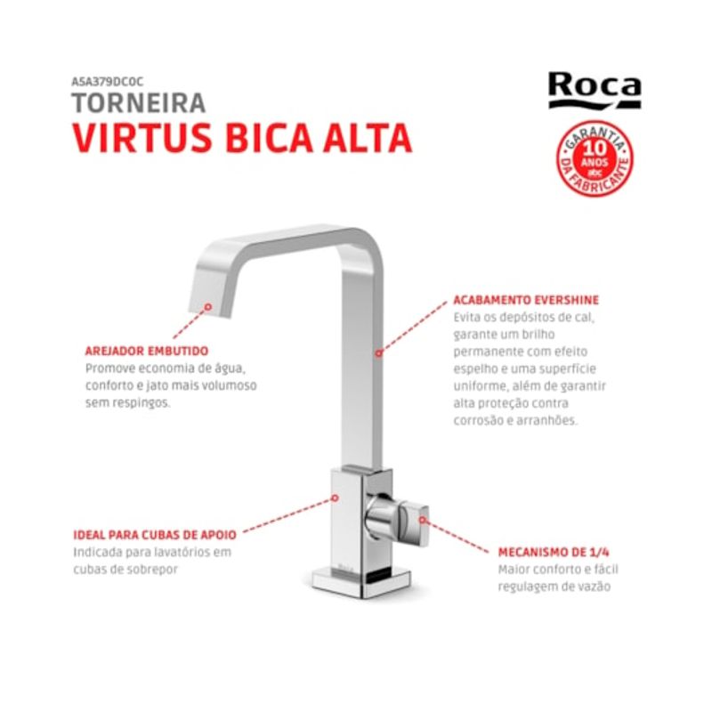 Torneira de Lavatório de Mesa Bica Alta Virtus Cromado - Roca