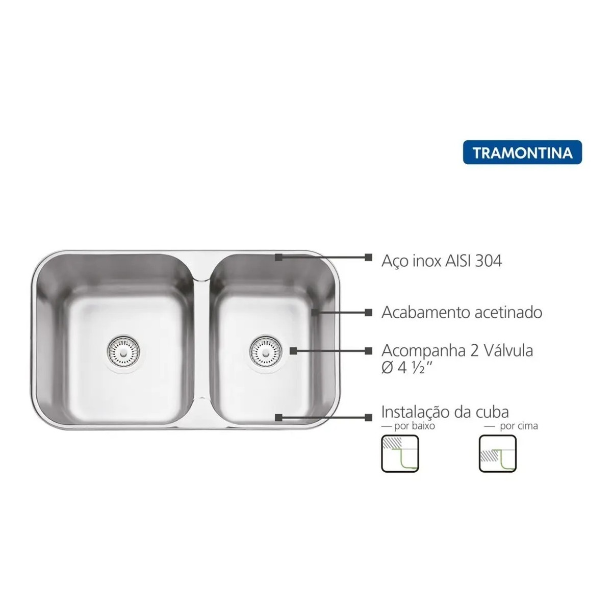 Cuba Dupla de Embutir Retangular 69x40 cm Aço Inox Acetinada - Tramontina