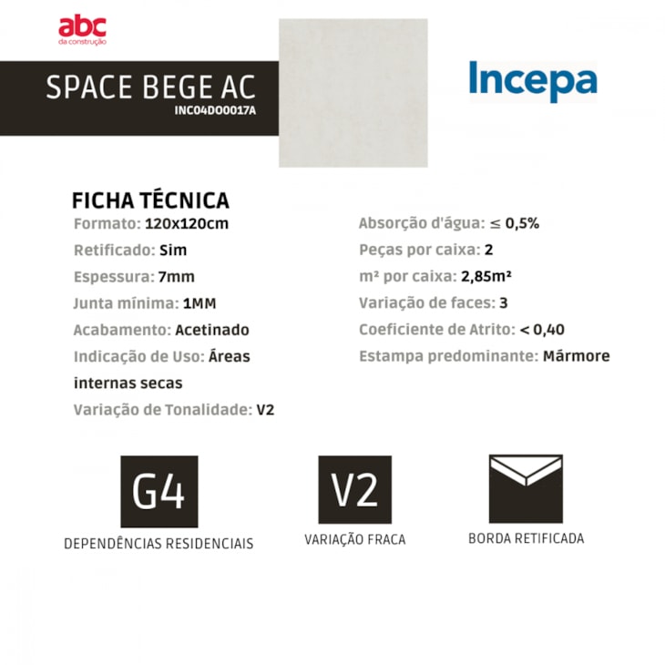 Porcelanato Space Bege Acetinado 120x120 cm - Incepa