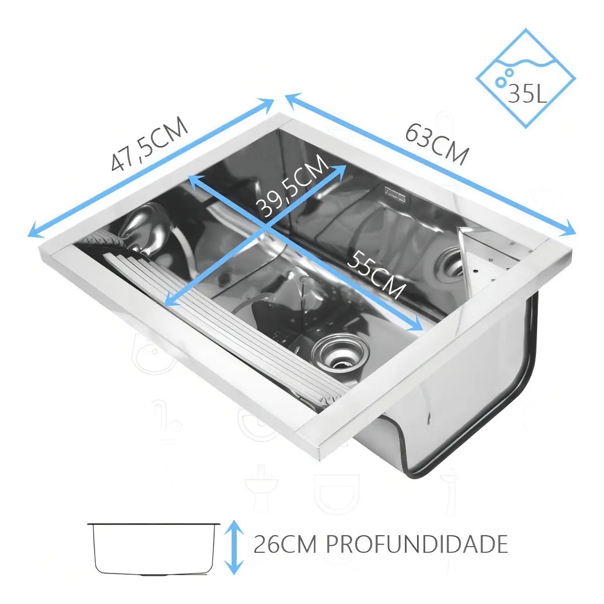 Tanque Reto de Sobrepor Inox 63x51,5x26cm 35 L Polido - Docol